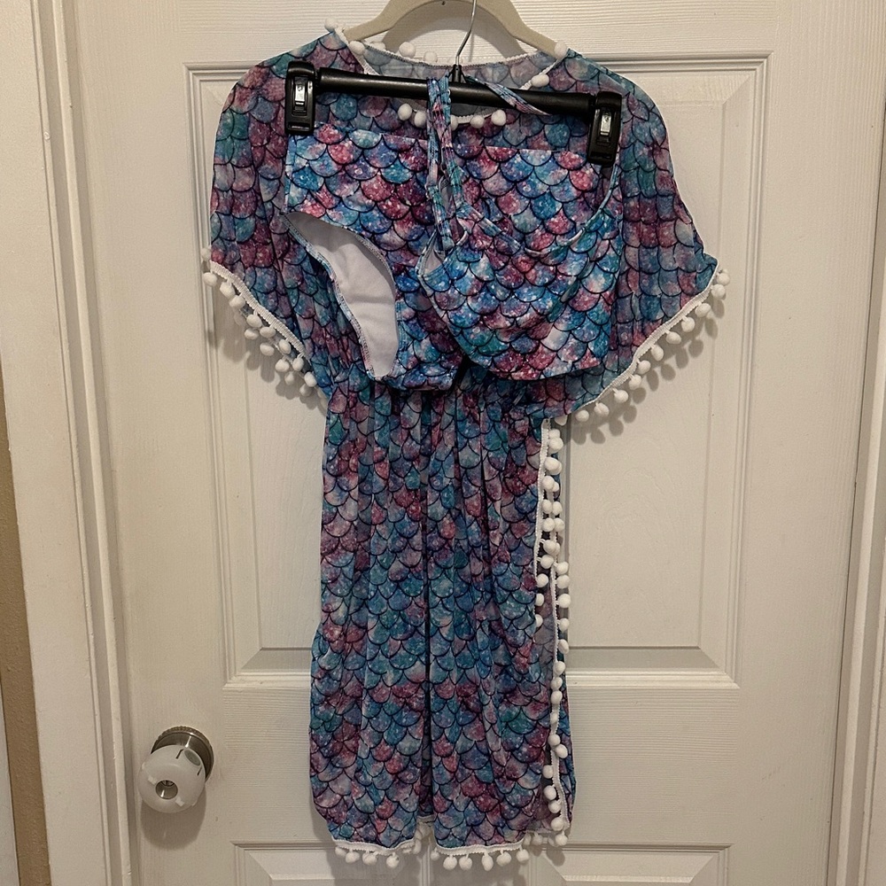 New Colorful Mermaid Scale Girls Bikini with Pom-Pom Trim, size 9-10 yr